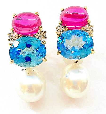 Medium GUM DROP™ Earrings with Pink Topaz and Blue Topaz and Diamonds with Detachable Pearls