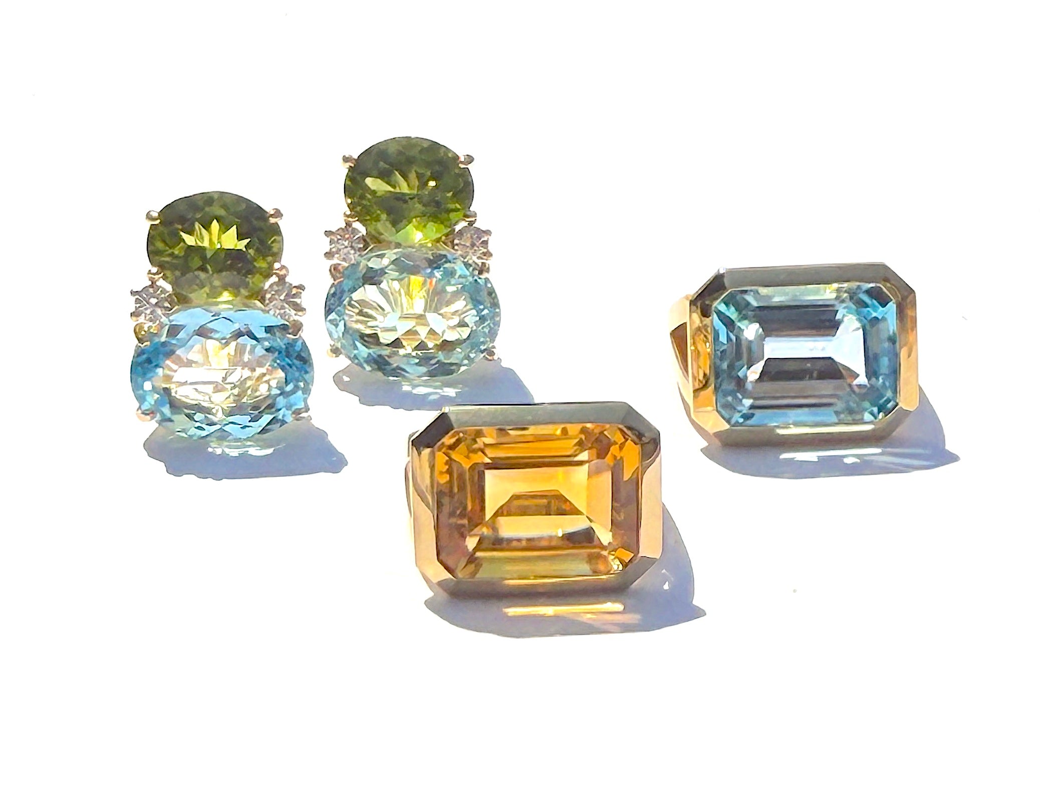 18Kt Yellow Gold Double Cushion Peridot and Blue Topaz Earrings