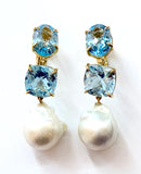 Elegant Three-Stone Drop Earring with Blue Topaz and Baroque Pearl