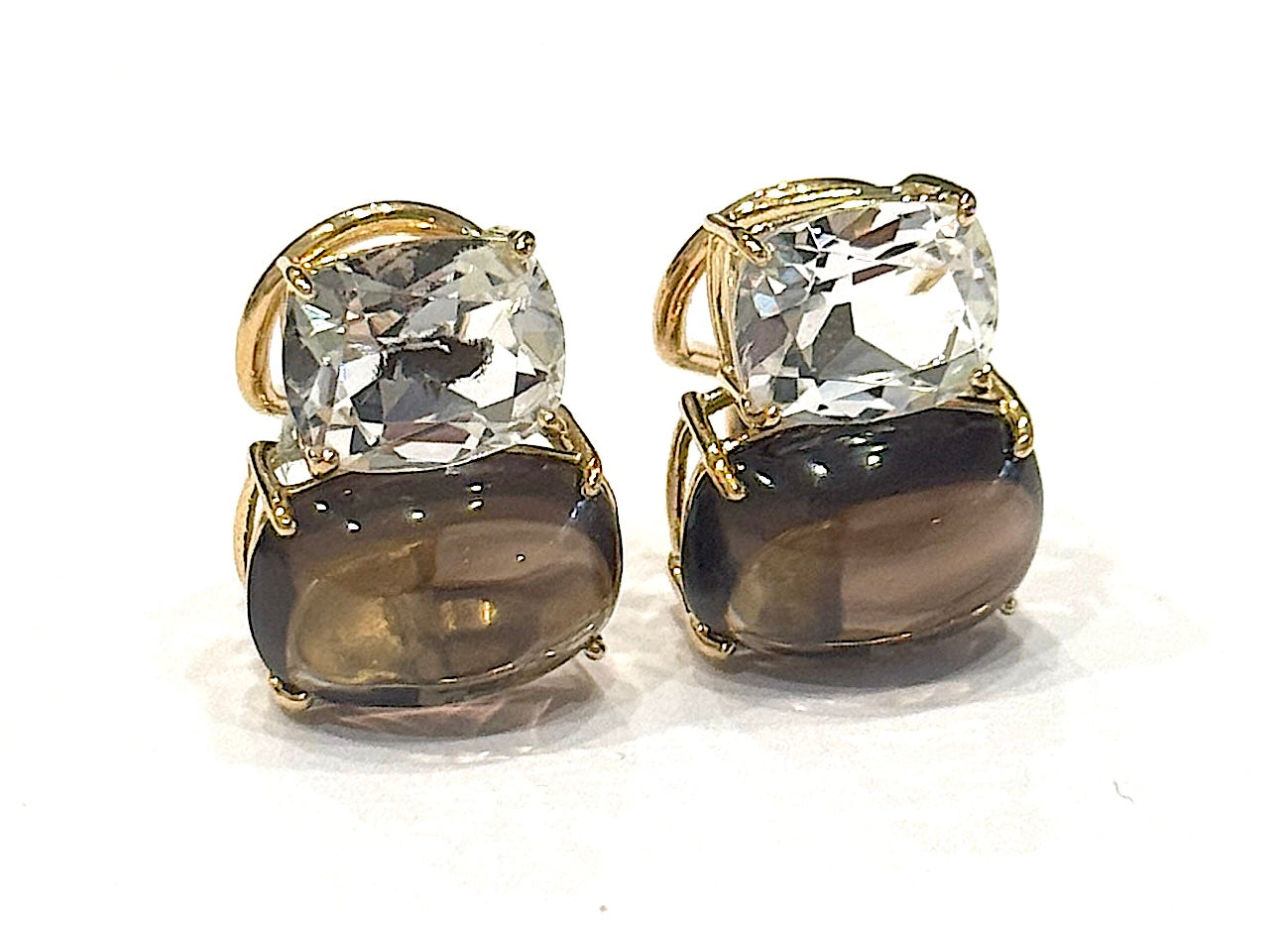 Yellow Gold Double Cushion Earrings with Rock Crystal and Smoky Topaz