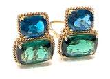 18kt Yellow Gold Cushion Cut Earring with Rope Twist Border with Blue Topaz and Green Quartz