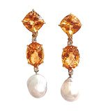 Elegant Three-Stone Drop Earring with Peridot, Pink Topaz, Baroque Pear and Diamonds