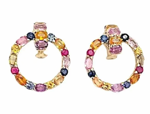 18 Karat Yellow Gold Multi-Color Sapphire Hoop Drop Earring