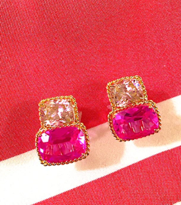 Large Two Stone Cushion Earring with Rock Crystal and Green Quartz