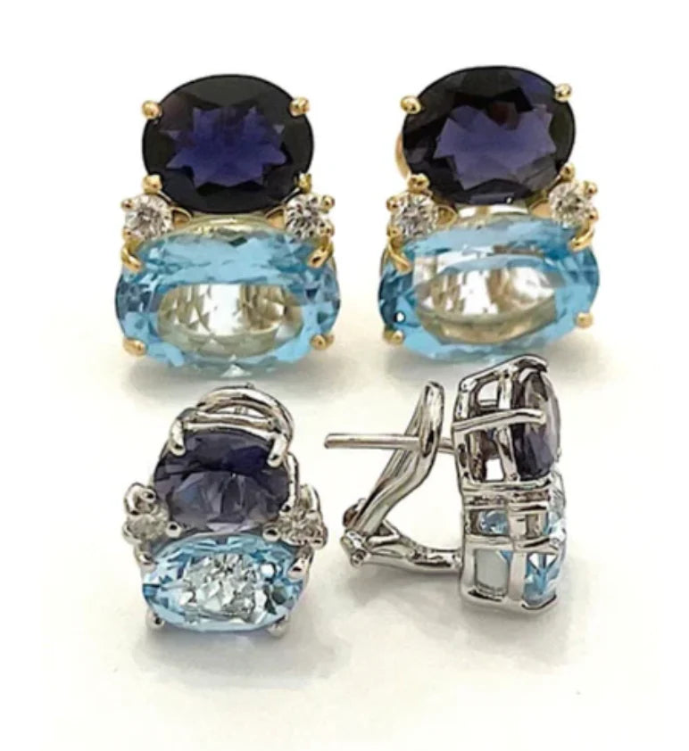 18Kt Yellow Gold Double Cushion Peridot and Blue Topaz Earrings