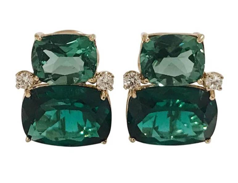 Large Two Stone Cushion Earring with Rock Crystal and Green Quartz