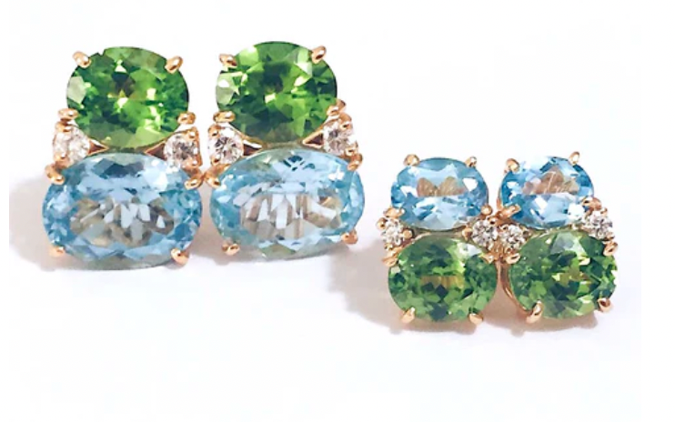 18Kt Yellow Gold Double Cushion Peridot and Blue Topaz Earrings