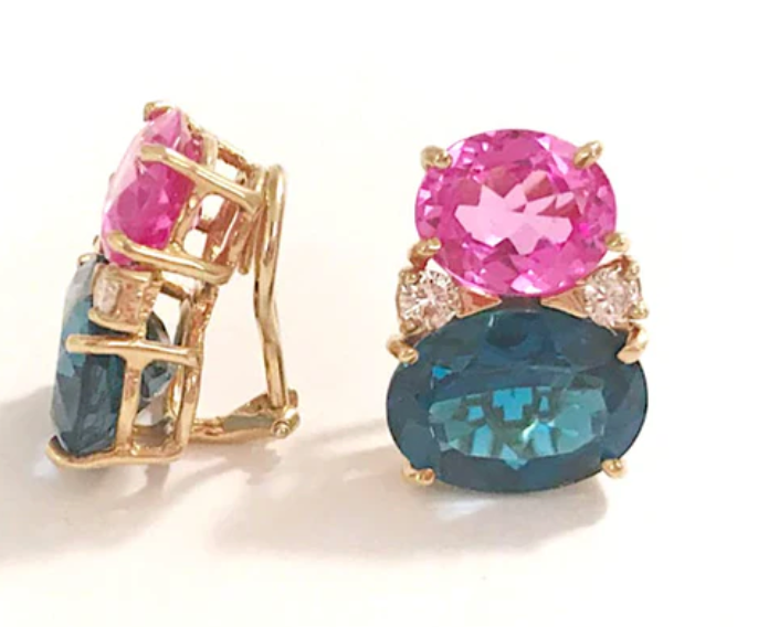 18Kt Yellow Gold Double Cushion Peridot and Blue Topaz Earrings