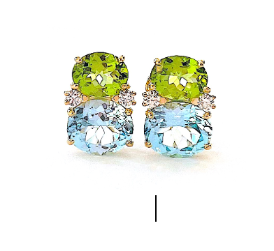 18Kt Yellow Gold Double Cushion Peridot and Blue Topaz Earrings
