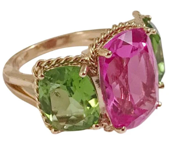 18Kt Yellow Gold Double Cushion Peridot and Blue Topaz Earrings