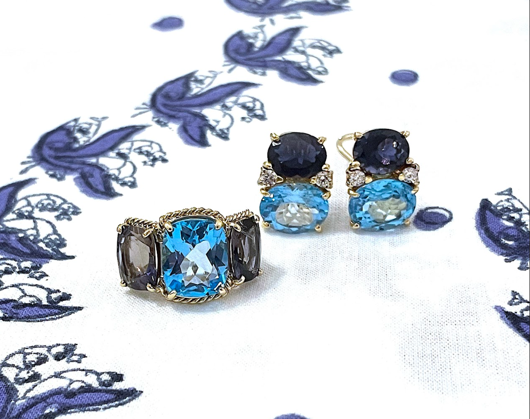 Elegant Three-Stone Ring with Gold Rope Twist Border