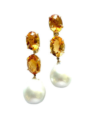 Elegant Three-Stone Drop Earring with Oval Citrine and Baroque Pearl