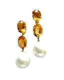 Elegant Three-Stone Drop Earring with Pink Topaz and South Sea Baroque Pearl