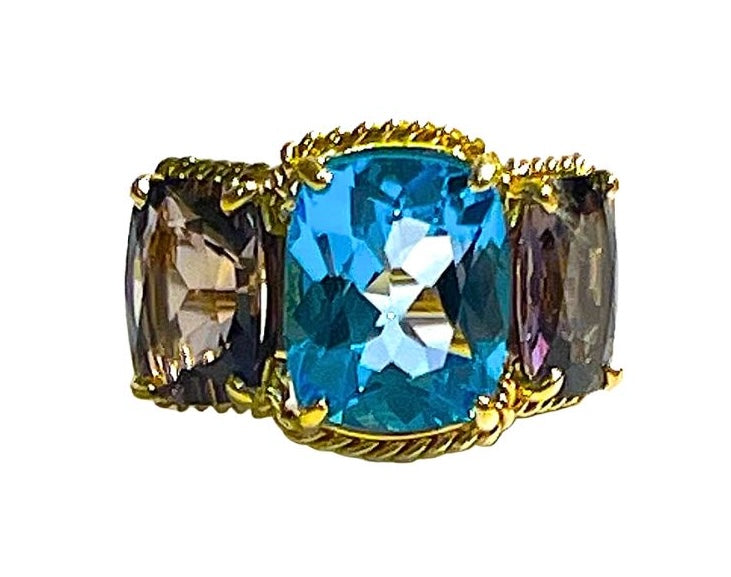 Double Cushion Blue Topaz Stone Diamond Yellow Gold Earrings