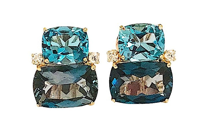 Double Cushion Blue Topaz Stone Diamond Yellow Gold Earrings