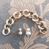 Elegant Alternating Yellow Gold Twist and White Jade Link Bracelet