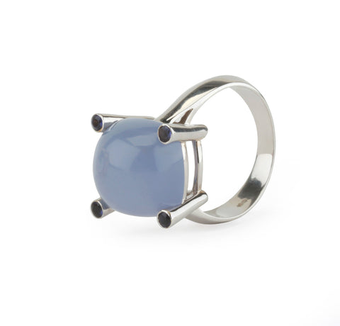 18kt White Gold Small Cushion Ring with Cabochon Chalcedony and Iolite