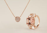 Morganite and Rock Crystal Rose Gold Three Stone Cushion Ring