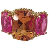 Mini Three-Stone Amethyst Ring and Pink Topaz with Rose Gold Rope Twist Border