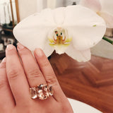 Morganite and Rock Crystal Rose Gold Three Stone Cushion Ring