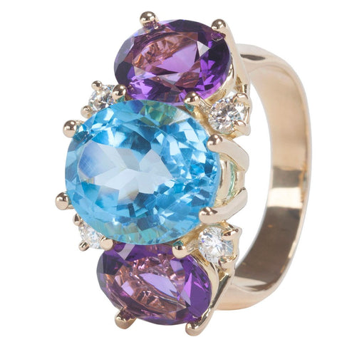 Medium GUM DROP™ Ring with Blue Topaz and Violet Amethyst and Diamonds