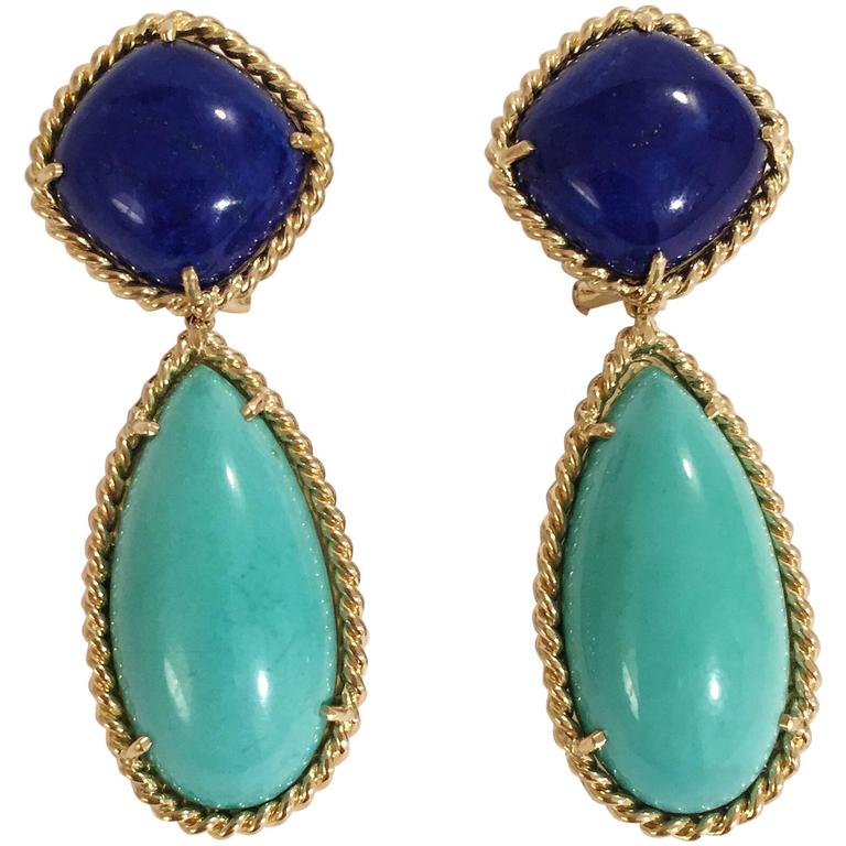 Large GUM DROP™ Earrings with Blue Topaz and Cabochon Turquoise and Diamonds