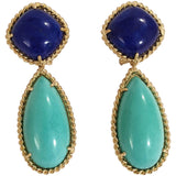 Yellow Gold Pear Drop Earring with White Jade and Bezel Set Turquoise Accent