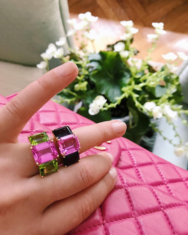 18kt Yellow Gold Emerald Cut Ring with Peridot and Pink Topaz