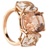 Morganite and Rock Crystal Rose Gold Three Stone Cushion Ring