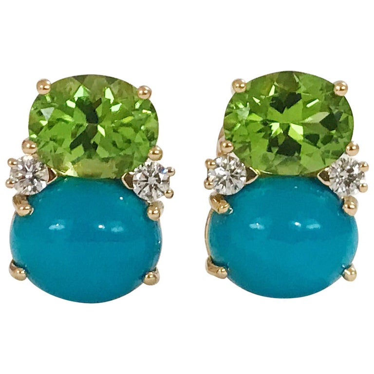 Large GUM DROP™ Earrings with Blue Topaz and Cabochon Turquoise and Diamonds