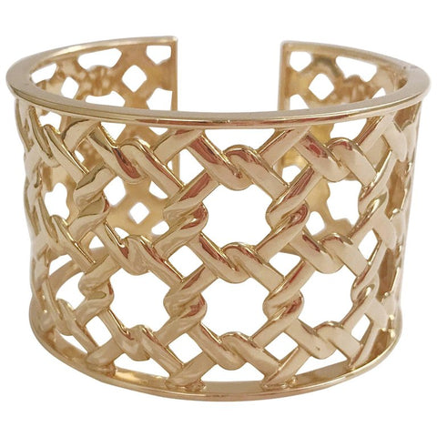 Basket Weave Yellow Gold Hinged Cuff Bracelet