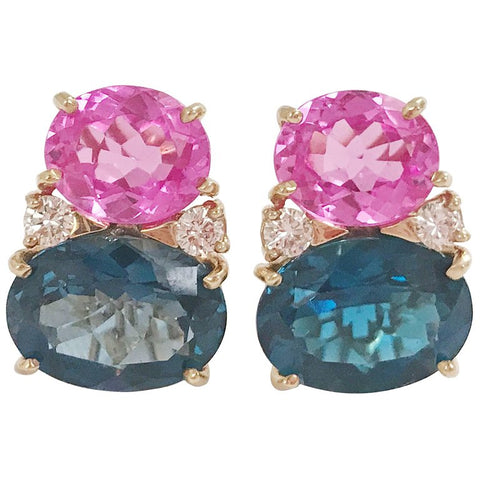 Large GUM DROP™ Earrings with Hot Pink and Deep Blue Topaz and Diamonds