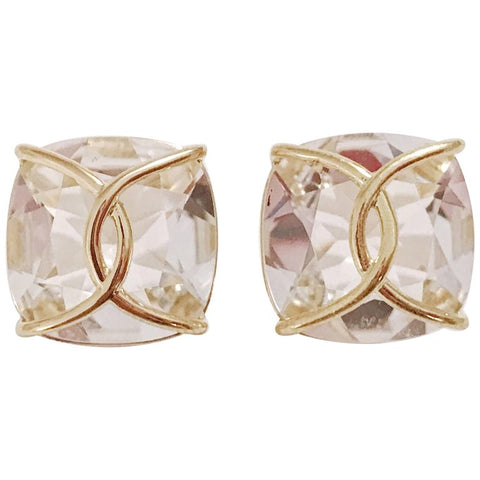 Large Rock Crystal Cushion Stud Earring with Yellow Gold Wire Wrap
