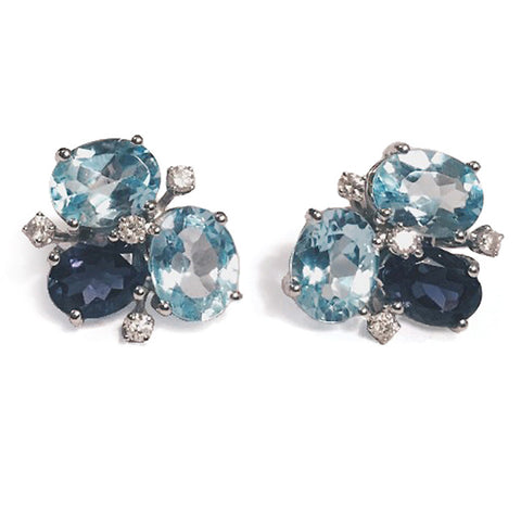 Blue Topaz Iolite Diamond Gold Mini Pebble Earrings