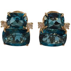 Double Cushion Blue Topaz Stone Diamond Yellow Gold Earrings