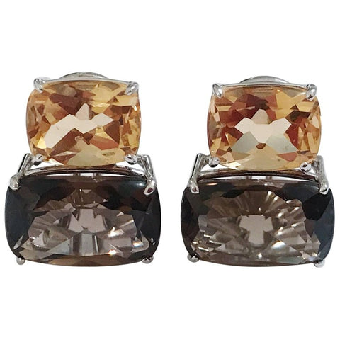 White Gold Double Cushion Earrings with Citrine and Smokey Topaz
