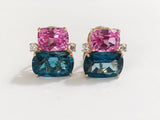 Double Cushion Pink and Blue Topaz Stone Diamond Yellow Gold Earrings