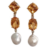 Elegant Three-Stone Drop Earring with Citrine and Baroque Pear and Diamonds