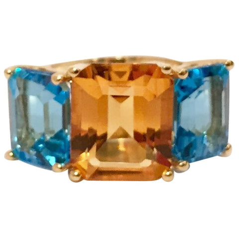 18kt Yellow Gold Mini Emerald Cut Ring with Orange Citrine and Blue Topaz
