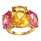 Citrine and Pink Topaz Yellow Gold Three-Stone Cushion Ring