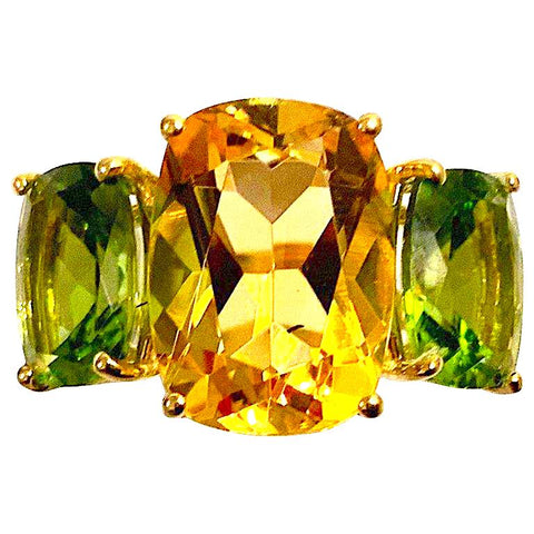 Citrine and Peridot Yellow Gold Three Stone Cushion Ring Christina Addison Jewelry Designs