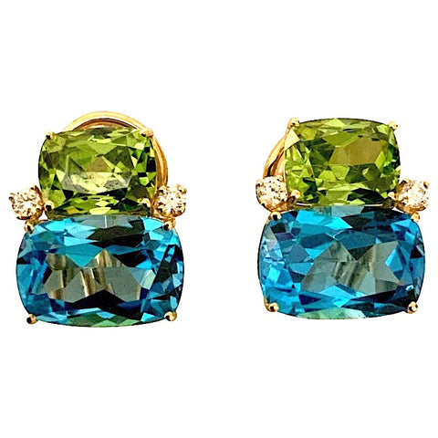 18Kt Yellow Gold Double Cushion Peridot and Blue Topaz Earrings