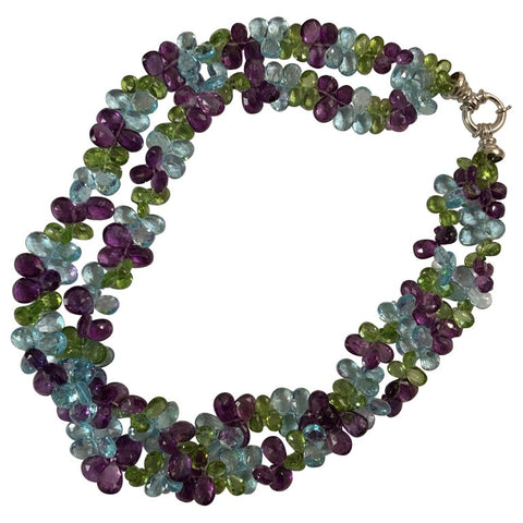 2 Strand Briolettes Necklace with Blue Topaz, Peridot and Amethyst