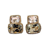 18kt Yellow Gold Medium Double Cushion Cut Earring with Rope Twist Border with Kunzite and Green Amethyst