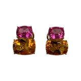 Yellow Gold Double Cushion Earrings with Pink Topaz and Orange Citrine