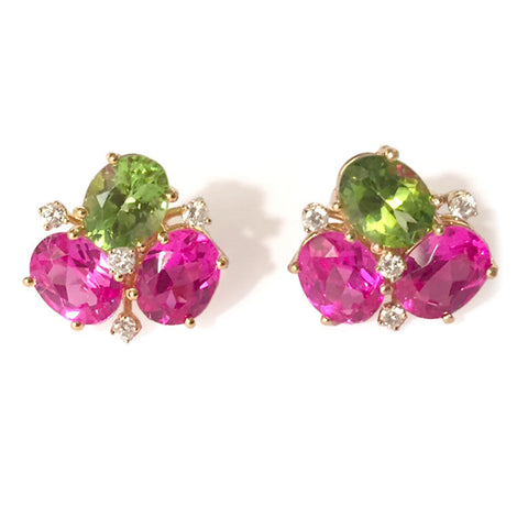 Mini Pebble Earrings with Pink Topaz and Peridot and Diamonds