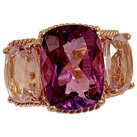Blue Topaz and Iolite Three Stone Cushion Cut Ring