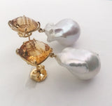 Yellow Gold Orange Citrine Stud with Baroque Pearl Drop Earring