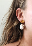 Yellow Gold Orange Citrine Stud with Baroque Pearl Drop Earring