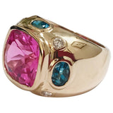 Bonheur Ring, Blue Topaz and Pink Topaz and Diamond Yellow Gold Domed Ring